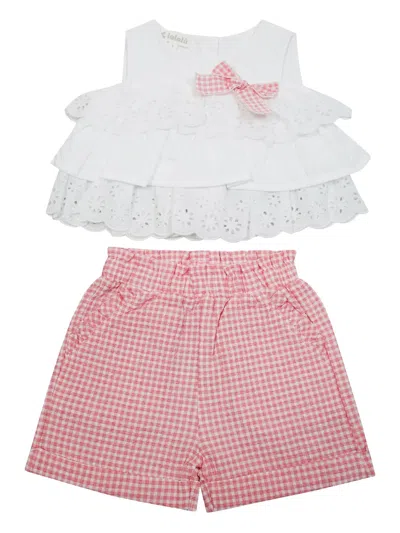 Lalalù Babies' 荷叶边格纹短裤套装 In White