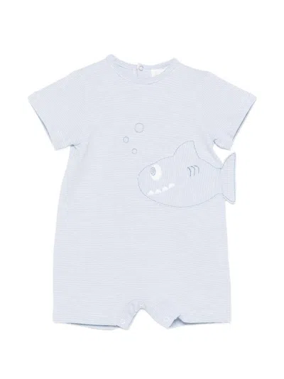 Lalalù Striped Onesie With Shark-shaped Appliqué In Blue