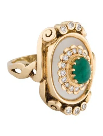Pre-owned Lalaounis Vintage 18k Diamond, Emerald, & Quartz Cocktail Ring In Multi