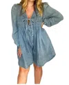 Lalavon Addison Pleated Front Tie Romper In Medium Wash In Multi