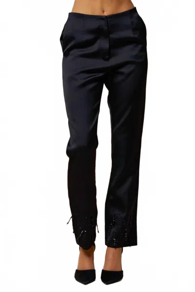 Lalavon Beaded Satin Pants In Black In Blue