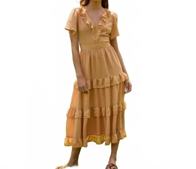 Lalavon Blossom Midi Dress In Beige In Brown