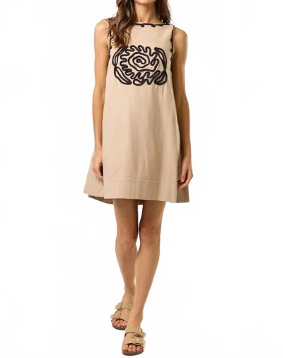 Lalavon Boat Neck Embroidered Shift Dress In Taupe In Brown