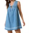 Lalavon Boho Embroidered Denim Mini Dress In Multi