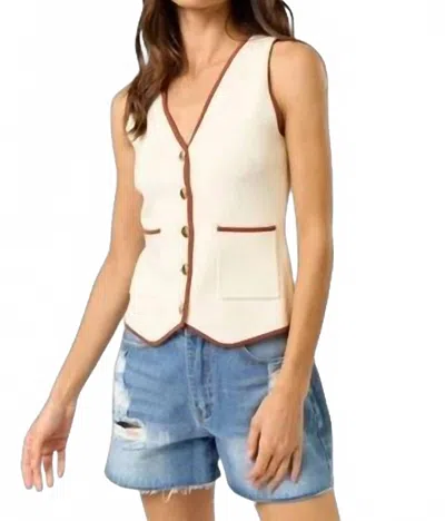Lalavon Button Down Contrast Sweater Vest With Pockets In White/brown In Multi