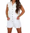 Lalavon Collar Button Down Sleeveless Denim Romper In White In White