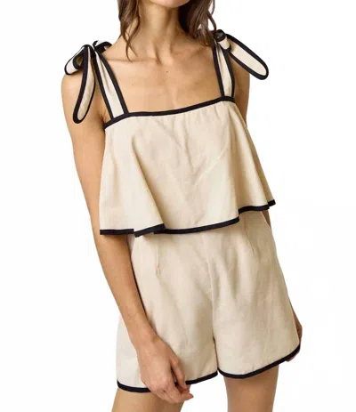 Lalavon Contrast Trim Romper In Oatmeal/black In Animal Print