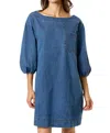 Lalavon Denim Puff Sleeve Mini Dress In Medium Wash In Multi