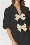 Lalavon Dual Bow Linen Shift Dress In Black In Black