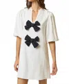 Lalavon Dual Bow Linen Shift Dress In White In White