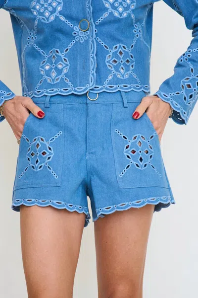 Lalavon Embroidered Eyelet Scalloped Trim Denim Shorts In Blue
