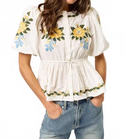 Lalavon Embroidered Puff Sleeve Blouse In White
