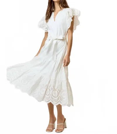 Lalavon Eyelet Scalloped Waist Midi Dress In Off White