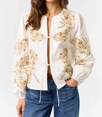 Lalavon Floral Embroidered Front Tie Top In White
