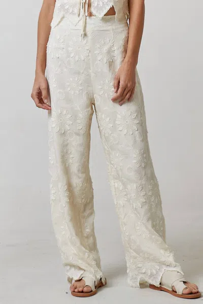 Lalavon Floral Embroidery Wide Leg Trouser In Natural