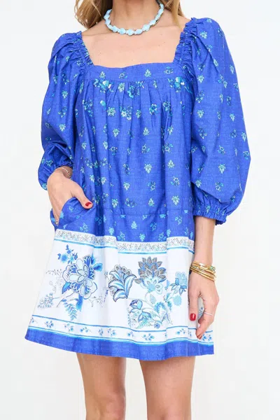 Lalavon Floral Print Babydoll Mini Dress In Royal Blue