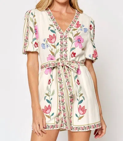 Lalavon Rafaela Flower Print Short Puff Sleeve Romper In Off-white In Multi