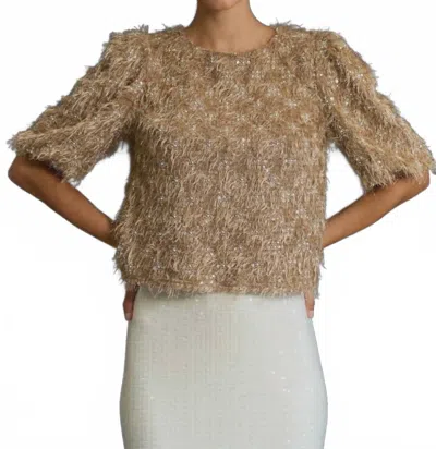 Lalavon Fuzzy Puff Sleeve Sweater In Brown