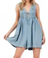 Lalavon Gameday Denim Romper In Blue In Blue