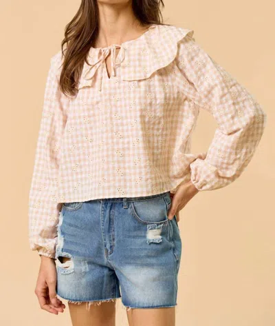 Lalavon Gingham Eyelet Front Tie Ruffled Collar Top In Beige In Neutral
