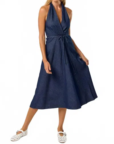 Lalavon Halter Neck Denim Maxi Dress In Indigo In Blue