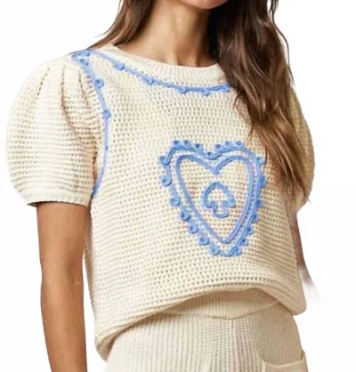 Lalavon Heart Embroidered Puff Sleeve Top In Blue Eyes In White