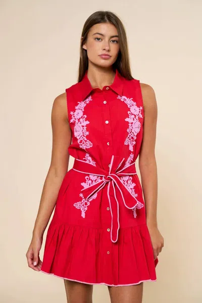 Lalavon Jovie Embroidery Collared Mini Dress In Red