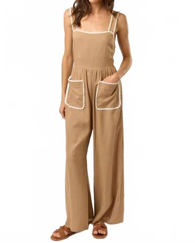 Lalavon Laid-back Charm Lace Trim Jumpsuit In Taupe In Brown