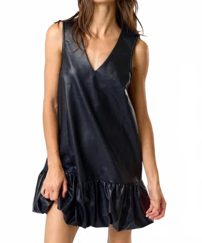 Lalavon Leather Bubble Hem Mini Dress In Black In Blue
