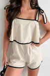Lalavon Linen Contrast Binding Romper In Oatmeal/black