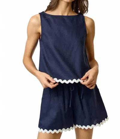 Lalavon Linen Scallop Edge Sleevess Top And Short Set In Navy