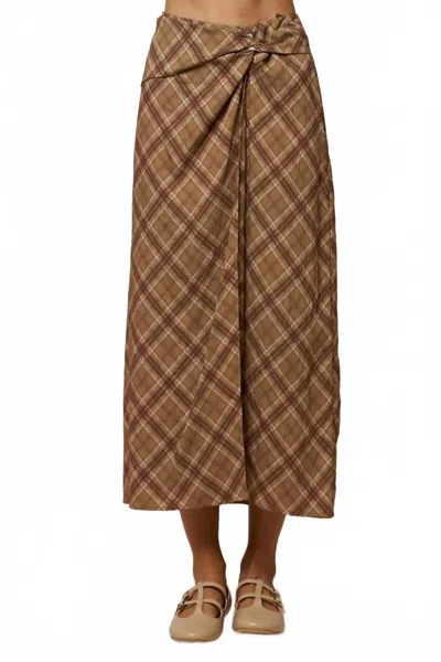 Lalavon Odette Plaid Twist Midi Skirt In Mocha-brown