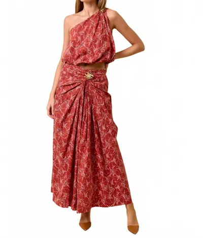 Lalavon One Shoulder Bubbled Top And Shirred Maxi Skirt Set In Terracotta In Brown