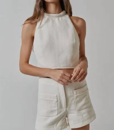 Lalavon Pearl Embellished Halter Top & Short Set In Off-white
