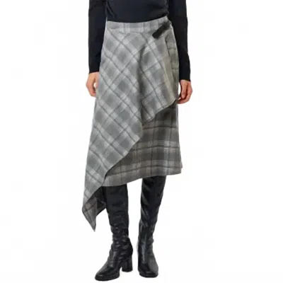 Lalavon Plaid Buckle Wrapped Asymmetric Midi Skirt In H. Grey In Gray