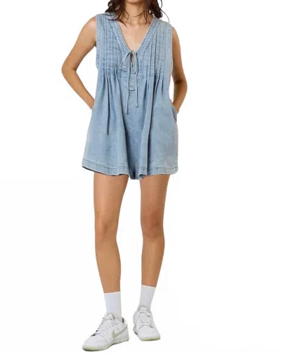 Lalavon Pleated Denim Sleeveless Romper In Light Blue
