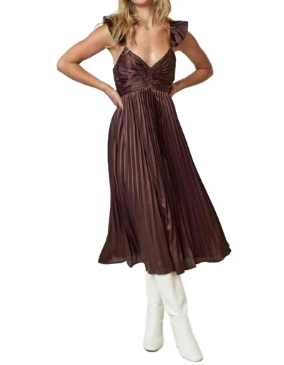 Lalavon Pleated Satin Ruffle Strap Midi Dress In Chocolate In Brown