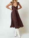 Lalavon Pleated Satin Ruffle Strap Midi Dress In Chocolate In Gold