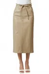 Lalavon Polyurethane Leather Waist Tie Midi Skirt In Taupe In Gray