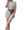 Lalavon Ranch Wife Button Down Romper In Sage Green