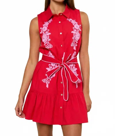 Lalavon Ruby Romance Embroidered Shirt Dress In Red