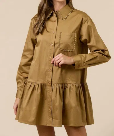 Lalavon Scalloped Trim Button Up Mini Dress In Brown