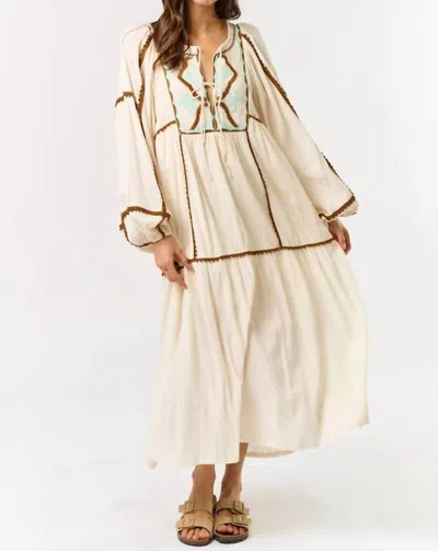 Lalavon Scandi Style Embroidered Maxi Dress In Beige In Neutral