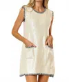 Lalavon Sequin Contrast Stitch Front Pocket Mini Dress In Cream