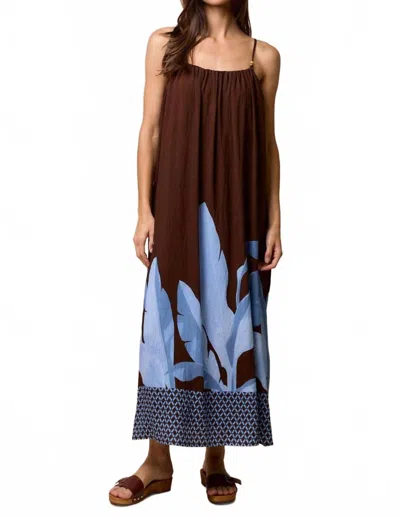 Lalavon Strappy Leaf Print Maxi Dress In Dark Brown/ Blue In Multi