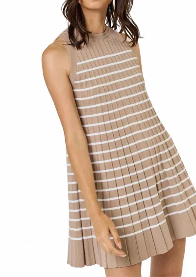 Lalavon Striped Pleated Sleeveless Sweater Mini Dress In Taupe In Neutral