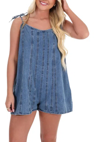 Lalavon Tie Strap Denim Romper In Blue