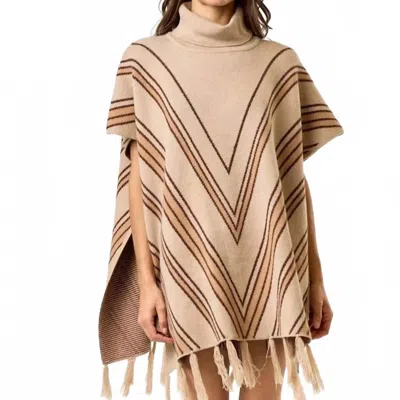 Lalavon Tootsie Striped Turtleneck Poncho With Tassels In Taupe/chocolate In Brown