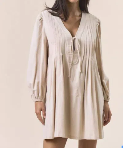 Lalavon Vee Neck Puff Sleeve Dress In Beige In Nude