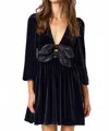 Lalavon Velvet Bow Long Sleeve Mini Dress In Black In Black